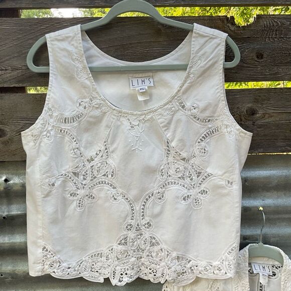 VTG 80s Cotton Prairie Cottage Battenburg Lace Skirt Set Medium Shabby Chic - Picture 7 of 11